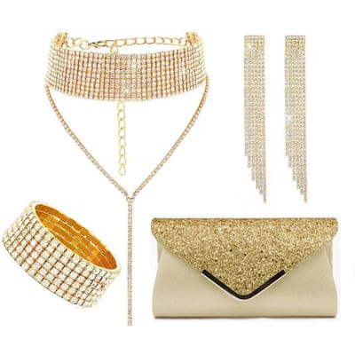 Mode Set Ketting Bodem Diamant Niche Geometrisch Kwast Oorbellen Armband Diner Tas Vierdelig Dames Set goud