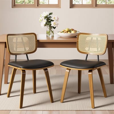 Design Eetkamerstoelen Set van 2 – Luxe Rattan Rugleuning & Faux Leer Zitting – Ergonomische Dining Chairs 48 cm Zithoogte, 55.5 x 47 x 82 cm – Bentwood Houten Poten