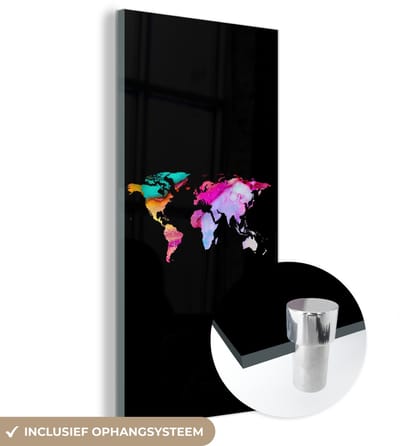 ® Glasschilderij 80x160 cm - Schilderij acrylglas - Wereldkaart - Kleur - Waterverf - Foto op glas - Muurdecoratie woonkamer - Wanddecoratie slaapkamer - Schilderijen
