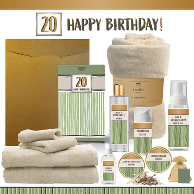 Geschenkset “20 Happy Birthday!” - 12 producten - 1910 gram | Giftset voor haar hem Twintig jaar Cadeau Luxe Wellness Pakket Vrouw Man Speciaal Cadeaupakket Geschenk Badhanddoeken Fleecedeken Verjaardag Feestje Gift Set Twenty Party Groen Beige Goud