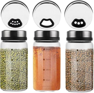 Dailygoods- Kruidenpotjes 200 ml - Glazen Kruidenstrooier - Set van 3 - Ruimtebesparend - Makkelijk te reinigen - Voor specerijen en zout - Specerijpotjes