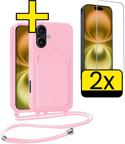 Hoesje Geschikt voor iPhone 16 Plus Telefoonhoesje Met Koord Case Pashouder Met 2x Screenprotector Siliconen - Hoes Geschikt voor iPhone 16 Plus Hoesje Met Kaarthouder - Lichtroze
