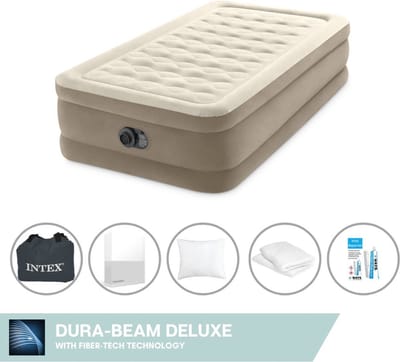 Intex Luchtbed - 1-Persoons - 99 x 191 x 46 cm - Beige - Inclusief pomp - Hoeslaken - Kussen - Kussenbeschermer en Reparatieset
