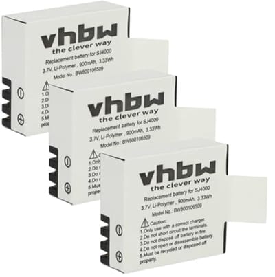 vhbw 3X battery suitable for Rollei Actioncam 220, 310, 330, 372, 415, 416, 425, 426, 510, 525, 540, 610, 625 video camera (900mAh, 3.7V, Li-Ion)