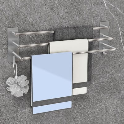 Zelfklevende Handdoekenrek met 3 Poles, 60 cm, Roestvrij Staal, Geen Boren, Inclusief 2 Haken, Handdoekenhouder voor Keuken en Badkamer