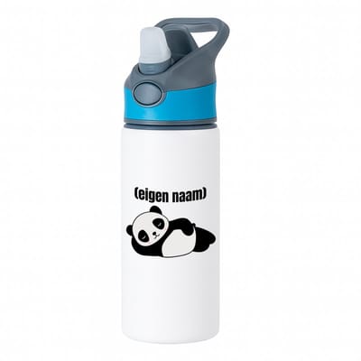 Hacebo® - liggende panda met eigen naam waterfles met rietje blauw - Panda - panda liefhebbers - iemand die houdt van panda's - verjaardag - cadeau - kado - water fles - 650ML
