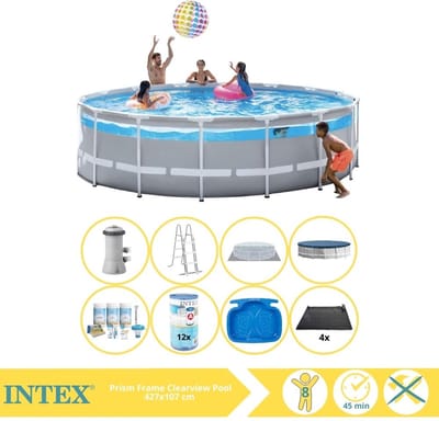 Intex Prism Frame Zwembad - Opzetzwembad - 427x107 cm - Inclusief Onderhoudspakket, Filter, Solar Mat en Voetenbad