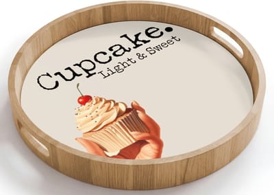 Dienblad rond 40x40 cm - Schootdienblad hout - Cupcake - Zoet - Kers - Borrelplank rechthoek - Plateau houten dienbladen