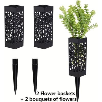 2 bouquets de fleurs artificielles de cimetière et 2 paniers de fleurs de cimetière Grand bouquet de fleurs de vanille Simulation Vase de fleurs de cimetière réutilisable 2 flower baskets + 2 flowers black