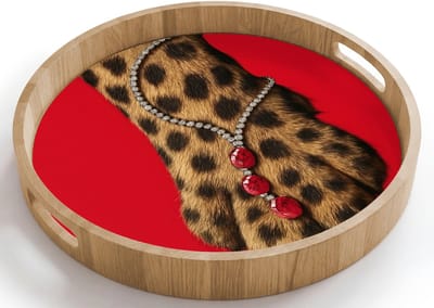 Dienblad rond 40x40 cm - Schootdienblad hout - Poot - Luipaard - Ketting - Edelstenen - Borrelplank rechthoek - Plateau houten dienbladen