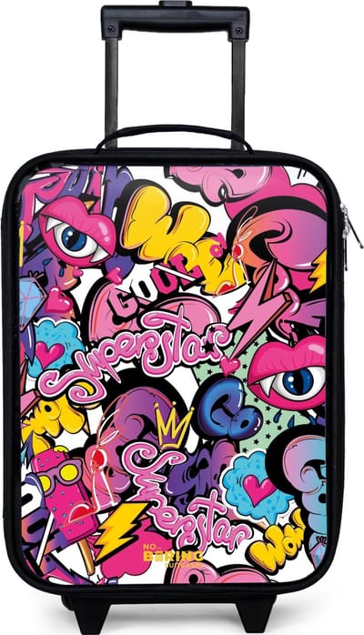NoBoringSuitcases.com® - Kinderkoffer jongen - Kindertrolley meisje - Girly graffiti - Koffer kind lichtgewicht - Reiskoffer trolley voor kinderen - Koffertje met lichtgevende wieltjes - Rolkoffer zwart