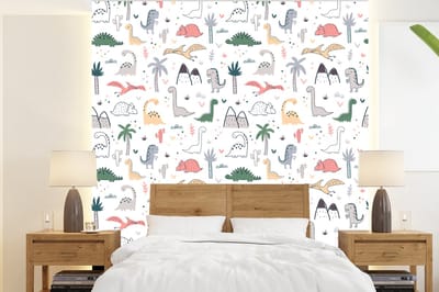 Behang - Fotobehang Patronen - Dino - Boom - Jongetje - Jongens - Kinderen - Kids - Breedte 220 cm x hoogte 240 cm