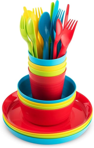 Set van 24 herbruikbare plastic serviezen, inclusief 4 schokbestendige kinderschalen, 4 bekers van 240 ml, en 4 herbruikbare besteksets voor ontbijt, soep en snacks