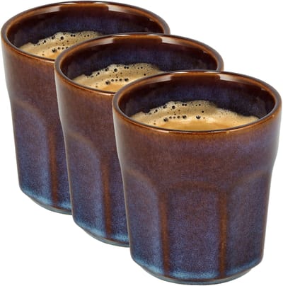 Koffiekopjes Set van 3 – Keramische Bekers 200ml Zonder Oor – Espresso Kopjes en Cappuccino Bekers – Blauw/Bruin Glazuur – Aardewerk Koffiemokken – Voor Koffie en Thee