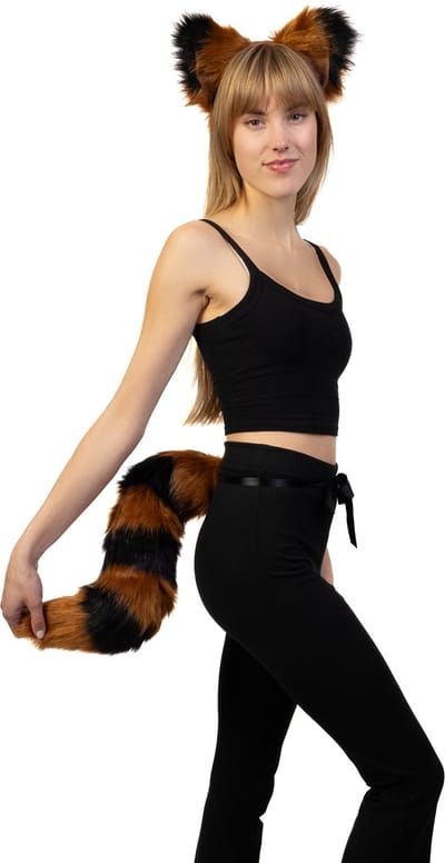 KIMU® Haarband Furry Oren & Staart Set Bruin Zwart Strepen - Wasbeer Vos Diadeem Dons Dieren - Dierenoren Oortjes Vilt Lynx Wolf Haren Festival