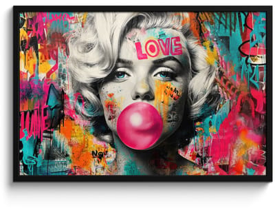 Poster in lijst - Fotolijst 90x60 cm - Posters - Vrouw - Kauwgom - Graffiti - Neonkleuren - Posterlijst zwart - Decoratie - Wanddecoratie woonkamer - Muurdecoratie slaapkamer