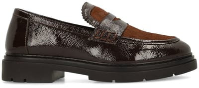 Manfield - Dames - Bruine lakleren loafers met pony hair - Maat 38