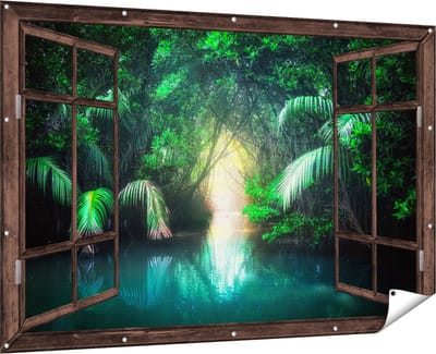 Gards Tuinposter Doorkijk Tropische Jungle met een Turquoise Meer - 180x120 cm - Tuindoek - Tuindecoratie - Wanddecoratie buiten - Tuinschilderij