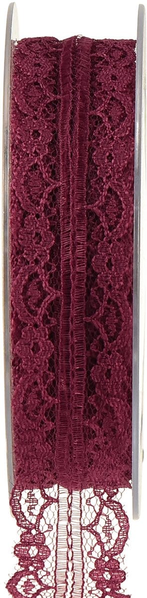 Kanten lint met bloemen, decoratief lint, bordeauxrood, 25 mm breed, 2