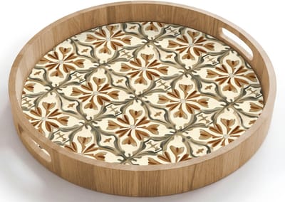 Dienblad rond 40x40 cm - Schootdienblad hout - Siertegel - Patroon - Bruin - Borrelplank rechthoek - Plateau houten dienbladen