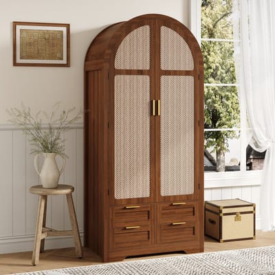 MODFU - Kledingkast - Gebogen Deuren - Met Lade En Kledingroede - Modern - Voor Slaapkamer Of Hal - MDF - Walnootkleur