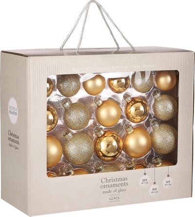 Mica Decorations Kerstballen - Set van 42 Glazen Kerstballen - Kerstversiering met Mat, Glans en Glitter - Piek Inbegrepen voor Complete Kerstboom - Ø7 cm - Goud