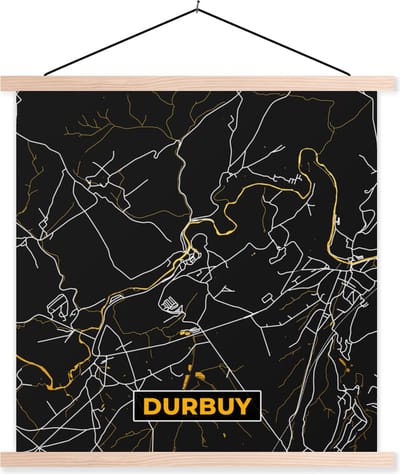 Posterhanger incl. Poster 40x40 cm - Schoolplaat - Plattegrond - Durbuy - Kaart - Stadskaart - Goud - Textielposter - Blanke latten - Stadskaart