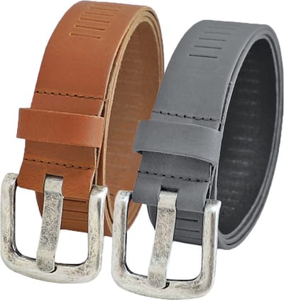 Landley Leren Geperforeerde Riemen Voordeelset - Duopack met 2 riemen - Breedte 4 cm - Dames en Heren - Echt Leer - Cognac en Grijs - Lengte totaal 105 cm / Riemmaat 85