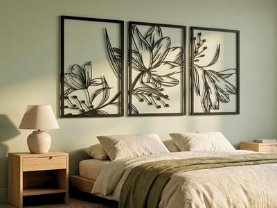 VAILLA 3-delige bloemen wanddecoratie van hout 75x38c cm, 3D muurdecoratie voor woonkamer en slaapkamer