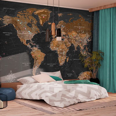 200cm X 140cm - Fotobehang - Wereldkaart stijlvol, zwart/bruin, premium print vliesbehang, 5 maten, geen behangtafel nodig, eenvoudig aan te brengen, instructies bijgevoegd