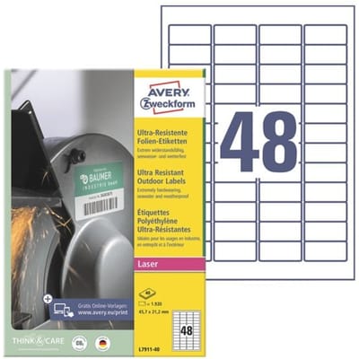Avery-Zweckform L7911-40 Folie-etiketten 45.7 x 21.1 mm Polyethyleen folie Wit 1920 stuk(s) Permanent hechtend Laser (kleur), Laser (zwart/wit),