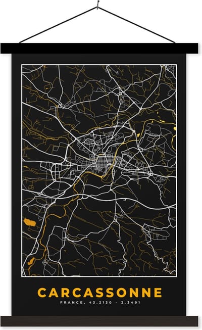 Posterhanger incl. Poster 40x60 cm - Schoolplaat - Stadskaart – Frankrijk – Kaart – Carcassonne – Plattegrond - Textielposter - Zwarte latten - Stadskaart