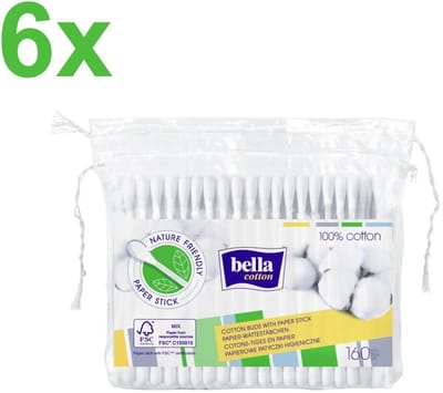 Bella Cotton Wattestokjes – 100% katoen – Biodegradeerbaar – 6x 160 stuks – Zachte papieren steel - Voordeelverpakking