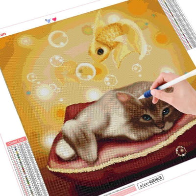 Peinture diamant chat poisson, décoration de maison, perceuse carrée complète, image perlée, strass 30x30CM beige
