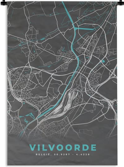 Wandkleed - Wanddoek - Stadskaart – Grijs - Kaart – Vilvoorde – België – Plattegrond - 120x180 cm - Wandtapijt