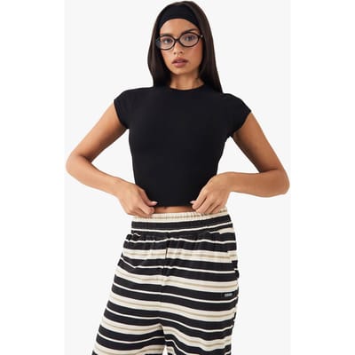 boohoo Dames DSGN Studio Geborduurde Top met Korte Mouwen | Zwart | Maat: 2XL
