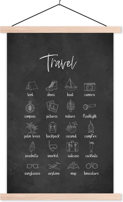 Posterhanger incl. Poster 40x60 cm - Schoolplaat - Spreuken - Quotes - Travel - Tent - Schoenen - Textielposter - Blanke latten