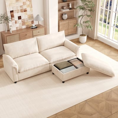 FloraGrace Hoekbank 216 x 77 x 82 cm - Met Verplaatsbare Hocker En Opbergruimte - Voor Woonkamer En Logeerkamer - Chenille - Beige