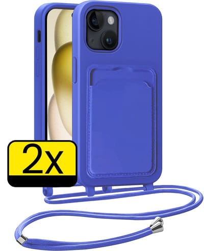 Hoesje Geschikt voor iPhone 14 Pro Max Telefoonhoesje Met Koord Case Pashouder Siliconen - Hoes Geschikt voor iPhone 14 Pro Max Hoesje Met Kaarthouder - Felblauw - 2 Stuks
