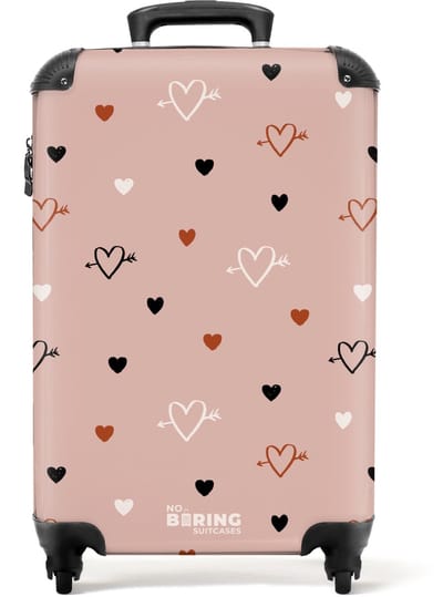 NoBoringSuitcases.com® - Kinderkoffer meisje - Kindertrolley meisjes - Hartjes met pijlen in zwart, wit en roze - Handbagage koffer lichtgewicht - Reiskoffer trolley kinderen - Rolkoffer met wieltjes - Past binnen 55x40x20 en 55x35x25