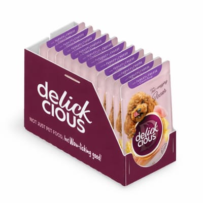 DELICKCIOUS™ volwassen honden natvoer reepjes met kalkoen en kaas in roomsoep 12x85g