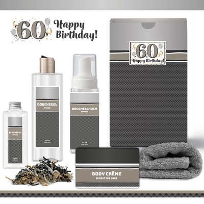 Geschenkset “60 Jaar Happy Birthday!” - 5 producten - 920 gram | Giftset voor hem - Luxe wellness cadeaubox - Cadeau man - Gefeliciteerd - Set Verjaardag - Geschenk jarige - Cadeaupakket vader - Vriend - Broer - Verjaardagscadeau - Zilver