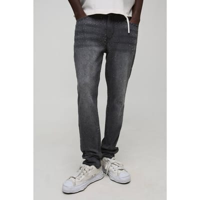 Slim fit, uitlopende denim jeans met heldere strass-steentjes | Washed Black | Size 28R