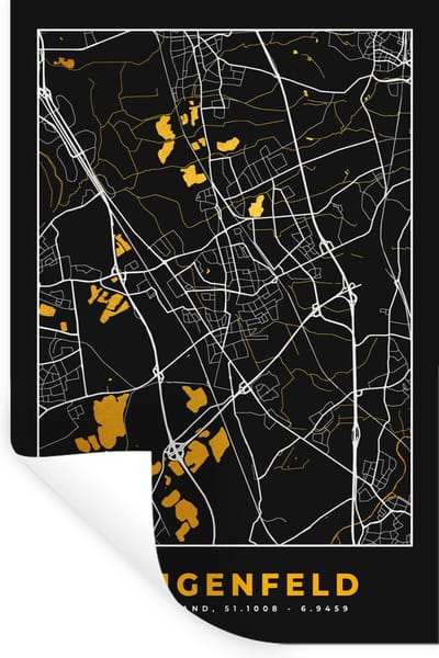 Muurstickers - Sticker Folie - Black and Gold – Stadskaart – Langenfeld – Duitsland – Plattegrond – Kaart - 20x30 cm - Plakfolie - Muurstickers Kinderkamer - Zelfklevend Behang - Zelfklevend behangpapier - Stickerfolie