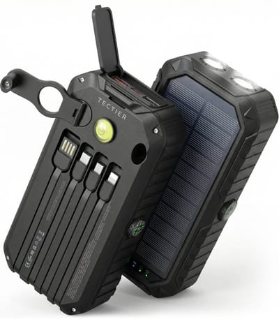 Tectier Solar Powerbank Zonneenergie 20000 mAh - Noodpakket - Zwart