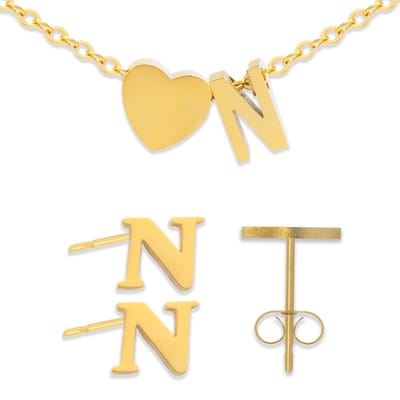 Initiaal Armband & Oorbellen set met Letter N Goudkleurig - Stainless Steel - Met letter & Hartje! - 2x Sieraden Cadeau - Pax Amare