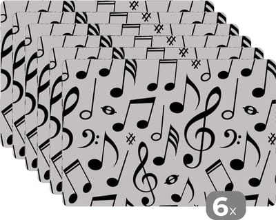 Placemat - Placemats kunststof - Muziek - Patronen - Zwart Wit - 45x30 cm - 6 stuks - Hittebestendig - Anti-Slip - Onderlegger - Afneembaar