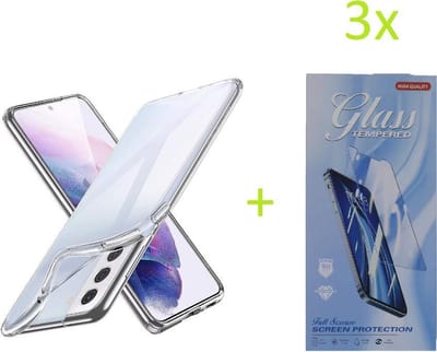 Soft Back Cover Hoesje Geschikt voor: Samsung Galaxy S21 Transparant TPU Siliconen Soft Case + 3X Tempered Glass Screenprotector