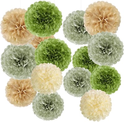 Pompons decoratie set 15 stuks - saliegroen en beige - zijdepapier - voor bruiloft en verjaardagsfeest - ShopVlot