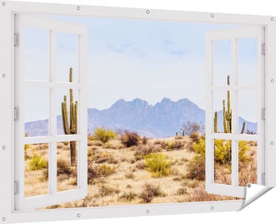 Gards Tuinposter Doorkijk Cactussen in de Woestijn - 180x120 cm - Tuindoek - Tuindecoratie - Wanddecoratie buiten - Tuinschilderij